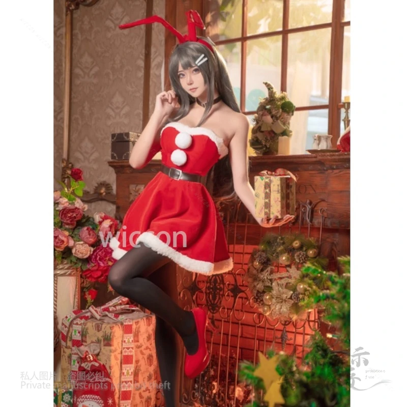 Аниме Sakurajima Mai Косплей Сексуальный Кролик Красный Костюм Свинья Голова Мальчик Наряд Обувь Парик Заколка Для Волос Женская Роль Хэллоуин Рождественская Вечеринка