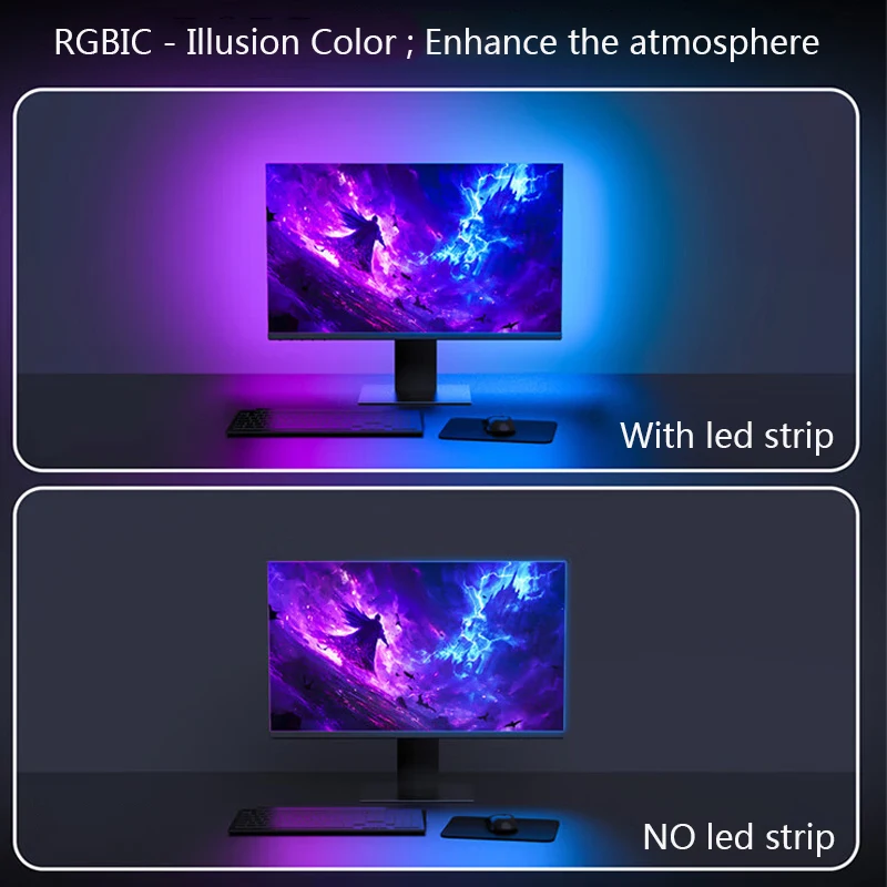 الألعاب الذكية الإضاءة المحيطة شاشة الكمبيوتر شاشة مزامنة ضوء قطاع الكمبيوتر الخلفية RGBIC مصباح الشريط مع موسيقى مزامنة اللون المنتقى