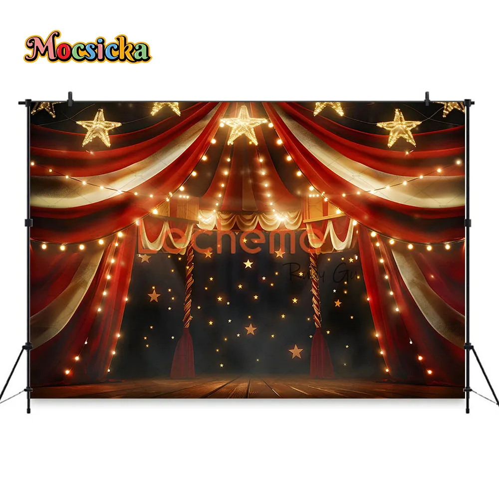 Mocsicka Zirkus-Themen-Fest-Fotografie-Hintergrund, glitzernde Lichter, roter Zelt-Hintergrund, Kindergeburtstag, Party, Kuchen zerschlagen, Fotostudio