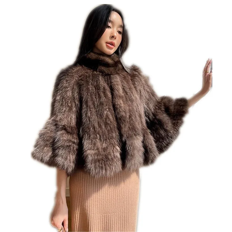 Genuine Sable Fur Knitted Shawl wraps Cape Cute Women Thickening Lady Fur Wraps