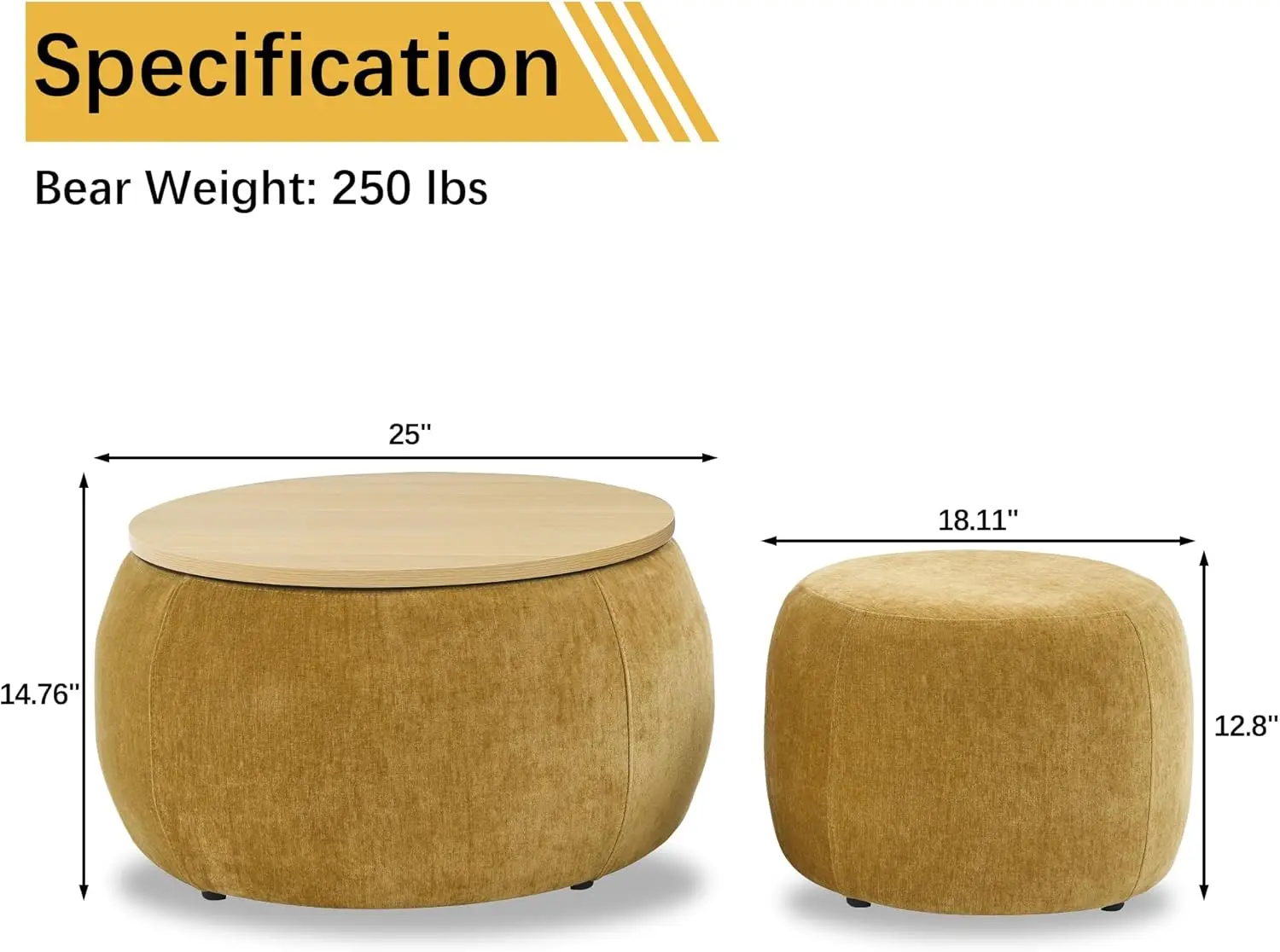 2-   Chenille Storage Ottoman, Equipped with a Drum Shaped Small Stool, Storage Space, and  Made Desktop Panel (