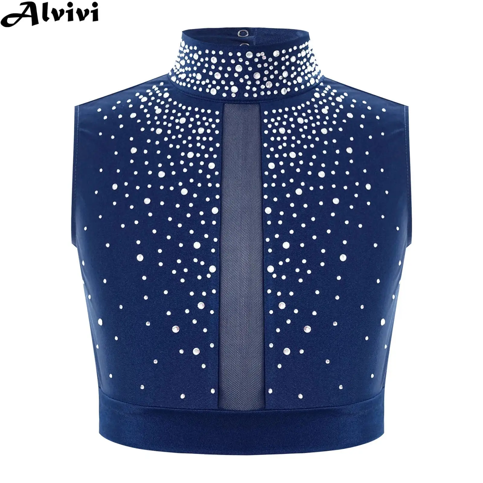 Kids Girls Figure Skating Crop Top Lyrical Modern Dance Performance Costume Sleeveless Shiny Rhinestones Sheer Mesh Dancewear