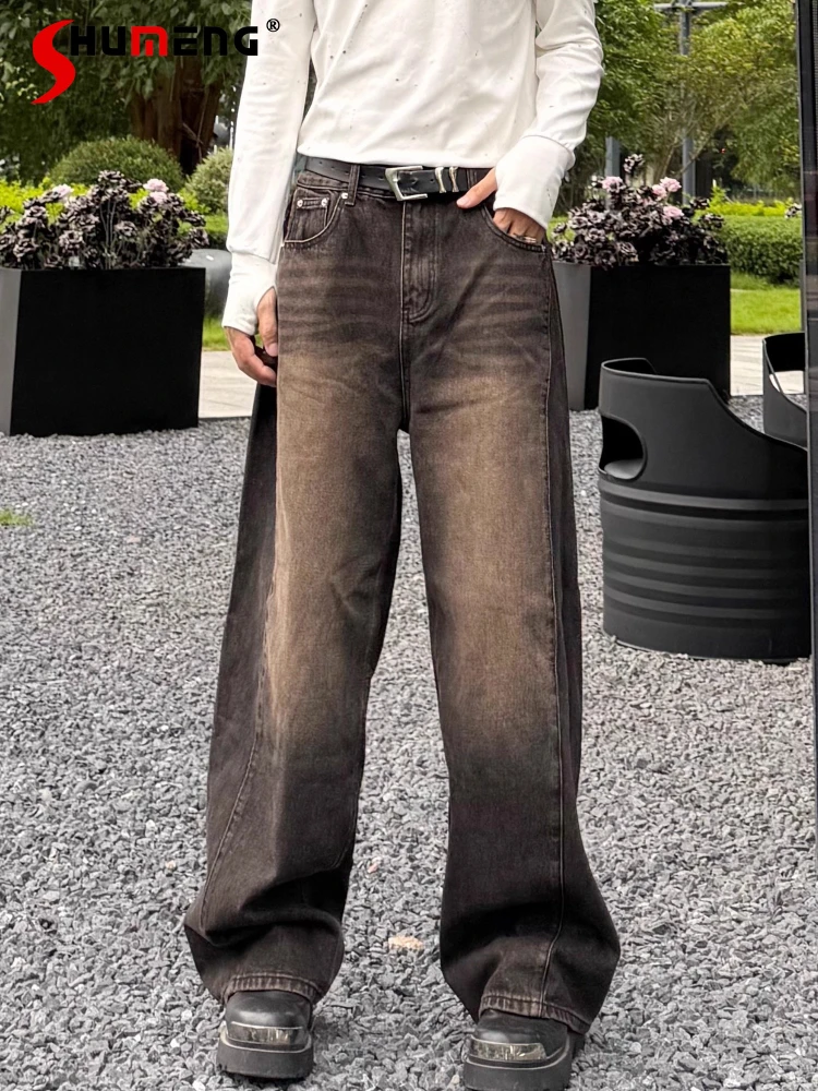 

Men's 2025 Autumn New Retro Jeans Men's Pocket Decoration Trendy High Street Denim Trousers Loose Straight Wide-Leg Denim Pants