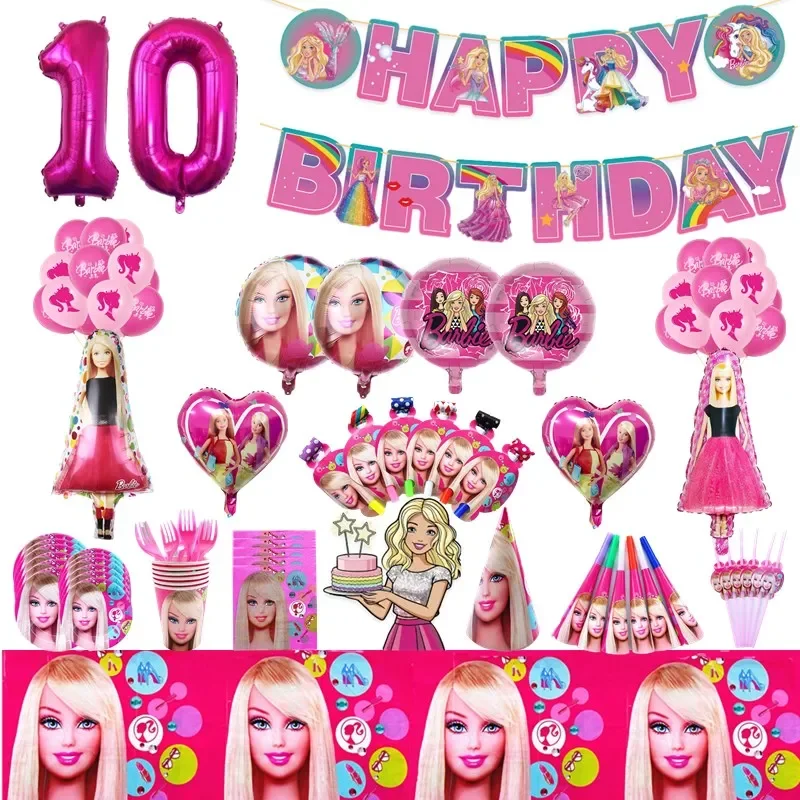 Barbie Doll Disposable Tableware Party Decoration Supplies Pink Girl Paper Cups Plate Napkins Foil Balloon Party DIY Event Props