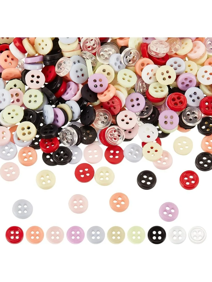 500PCS 6mm Mini Sewing Buttons 10 Colors Include 4 Holes Small Resin Round Buttons Tiny Manual Button Micro Nylon Button for DIY