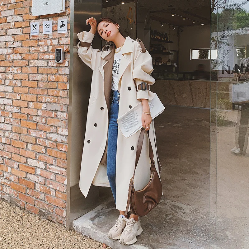 

New Fashion Women Trench Long Double-Breasted Lady Color Block Coat 2023 Spring Female Outerwear Windbreaker