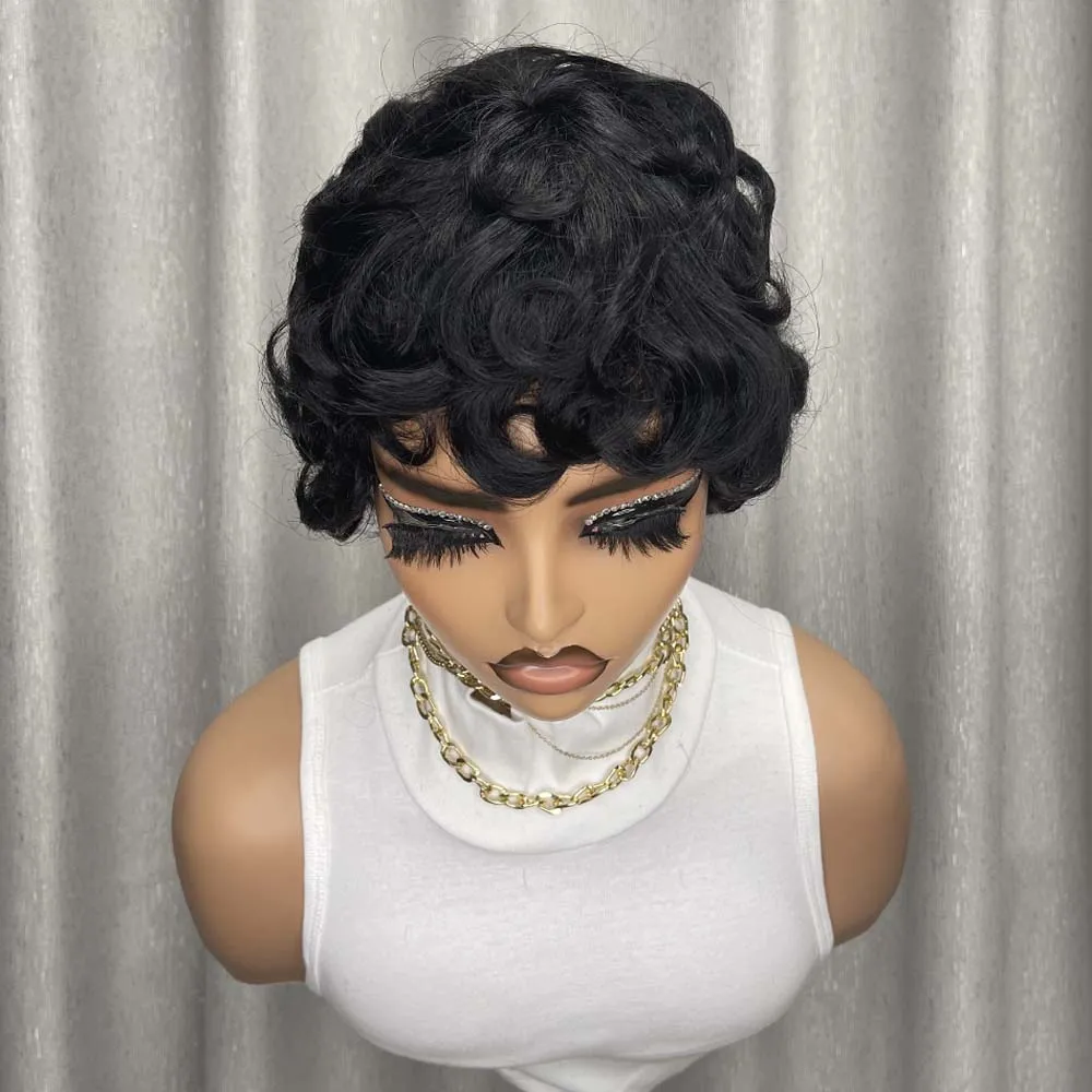 흑인 여성용 픽시컷 가발, 앞머리 있는 짧은 레이어드 가발, 자연스러운 검정색 인모 기계식 가발, 데일리용