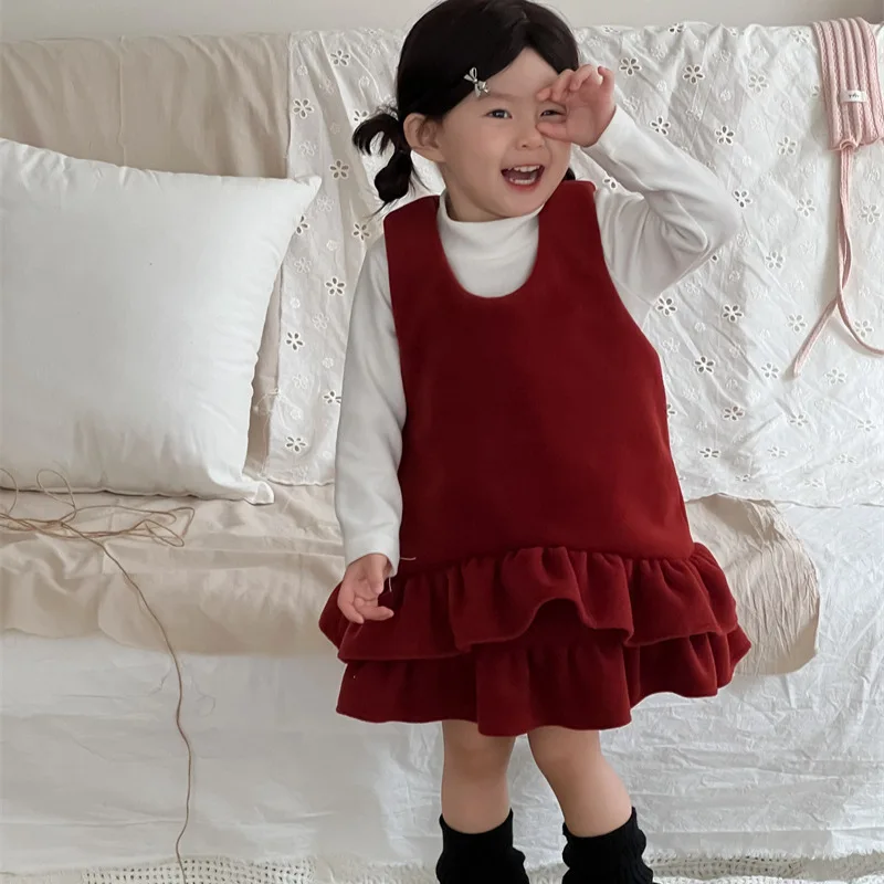 

Korean Winter New Product Ruffle Edge Woolen Temperament Padded Cotton Sleeveless Dress Solid Color Chinese New Year Red