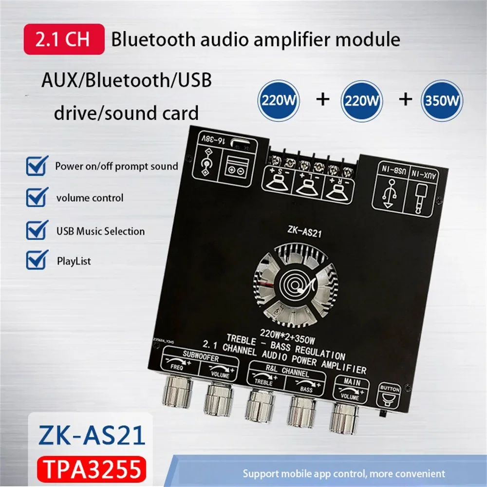 2*220W+350W Bluetooth TPA3255 Power Audio Stereo Subwoofer Amplifier Board 2.1 Channel Class D Theater Equalizer Amp AS21 AUX