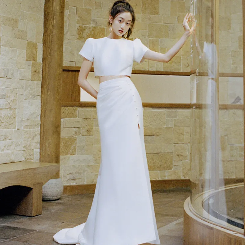 

French Style Minimalist Small Tail White Slimming Fish Tail Korean Style High-end Dress Party Dresses