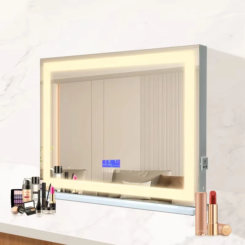 Mobile Charged Led Light Anti-fog Square Metal Rectangular Table Makeup Mirror Smart Touch Screen Cosmetic Led Mirror