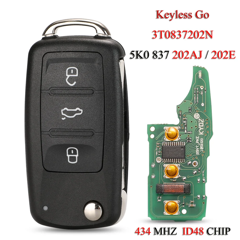 jingyuqin 3T0837202N 5K0837202AJ 5K0837202E Remote Car Key For VW Beetle Eos Golf Jetta Sharan Skoda 434Mhz ID48 Chip Keyless Go