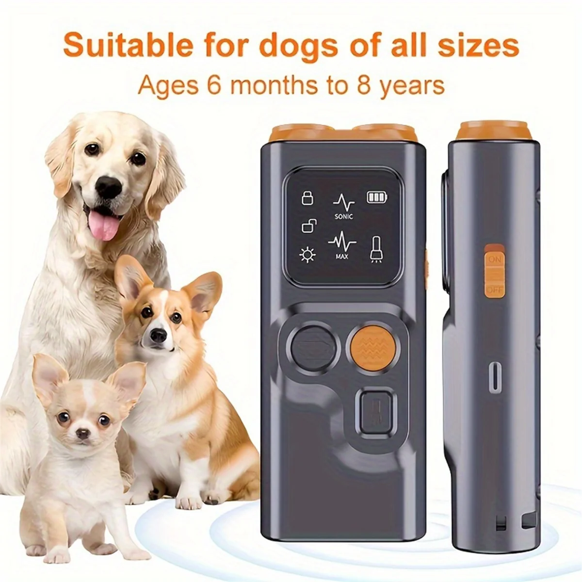 USB Rechargeable Sonic Dog Repeller with Dual Ultrasonic Emitter and High-Frequency LED Flashlight, Anti-Barking Device ST