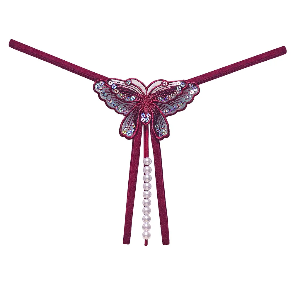 Women's Panties Women's Sexy Butterfly G-String Thong Lace Pearled Solid Color Soft T-Back Open-Crotch Lingerie Panties Women's