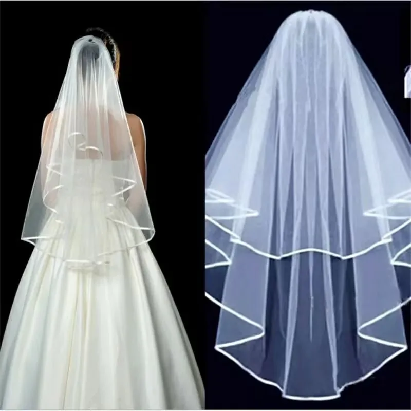 White  Ivory Wedding Veil 2 Tiers Ribbon Edge Center Cascade Bridal Veil with Comb for Bachelorette Party