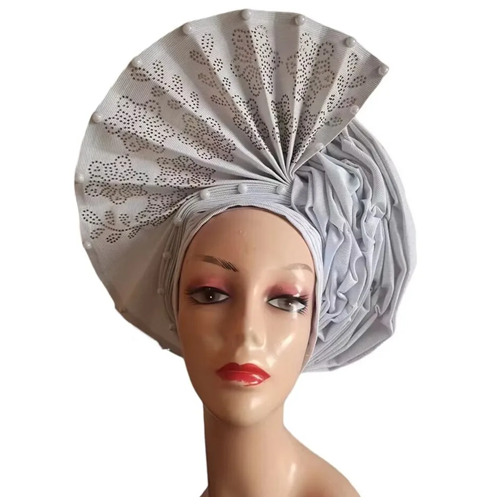 Beads Flower Turban Cap Headwrap Women Headband Auto Gele Headtie Already Made Nigeria Bonnet Hat Hijab Wedding Headgear 2935