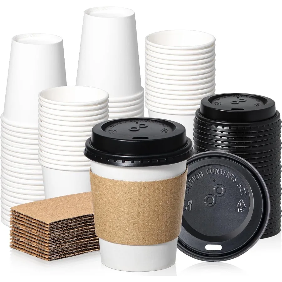 

50 Pack 8 oz Disposable Coffee Cups with Lids and Sleeves for Hot Beverages LeakProof ToGo Cups Ideal for Home Office and Party
