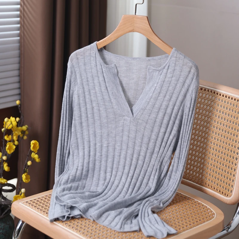 Women's Pullover Spring/Autumn Fine Imitation Wool Sweater Casual Solid Color Knitwear Fit Ladies TopsV Neck Korean Style Blouse