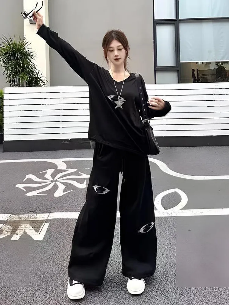 

plus Size Women's Casual Long Sve T-irt And Wide Leg Pants Two-Piece Set Comfortable Loose Fit Autumn Faion Outfit