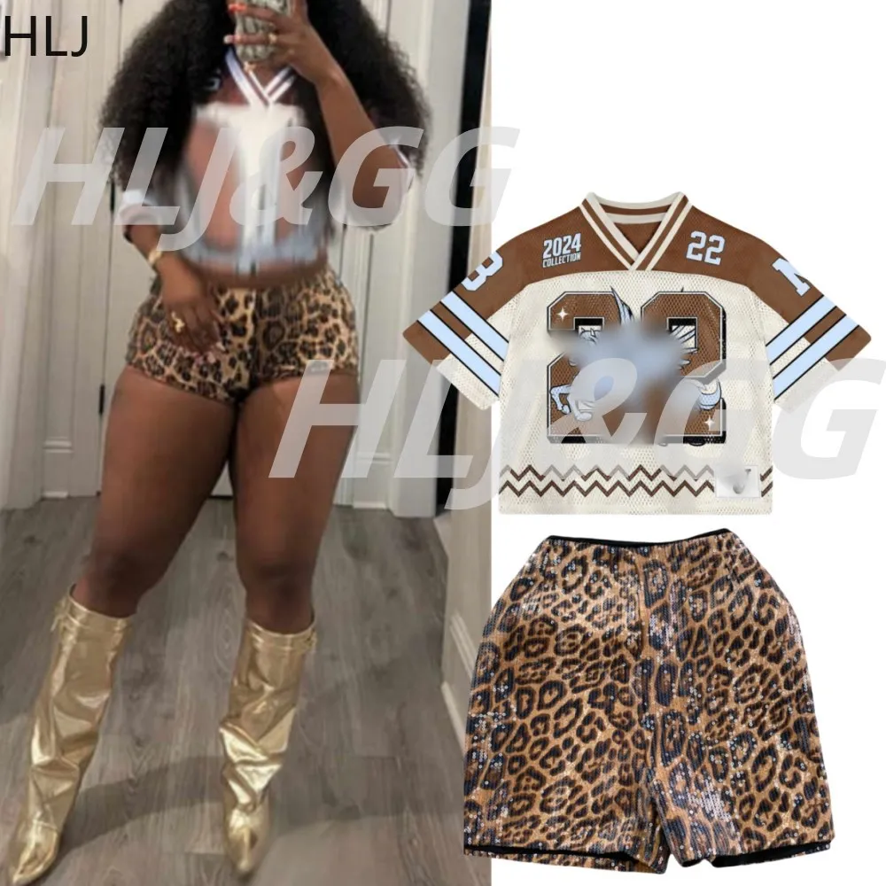 

HLJ Fashion Y2K Sequin Leopard Shorts Two Piece Sets Women V Neck Short Sleeve Loose Basketball Tshirts And Shorts Streetwear