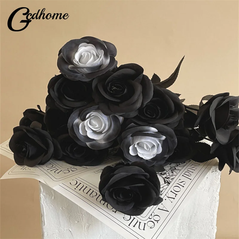 Fake Flower Black Silk Artificial Rose Flower Halloween Gothic Dark Flowers For Wedding Home Party Decor Simulation Flowers