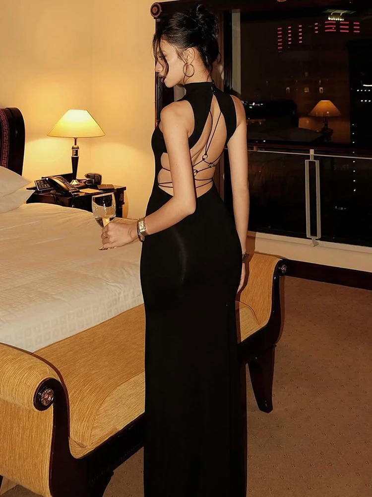 เดรสแบนเดจเปิดหลังทรงเข้ารูป ผู้หญิง สไตล์โคเควตต์ แขนกุด เซ็กซี่ คลาสสิก สีพีช โชว์สะโพก สง่างาม เหมาะสำหรับงานพรอม งานปาร์ตี้ ผ้าสเตรช ทรงแม็กซี่ บอดี้คอน