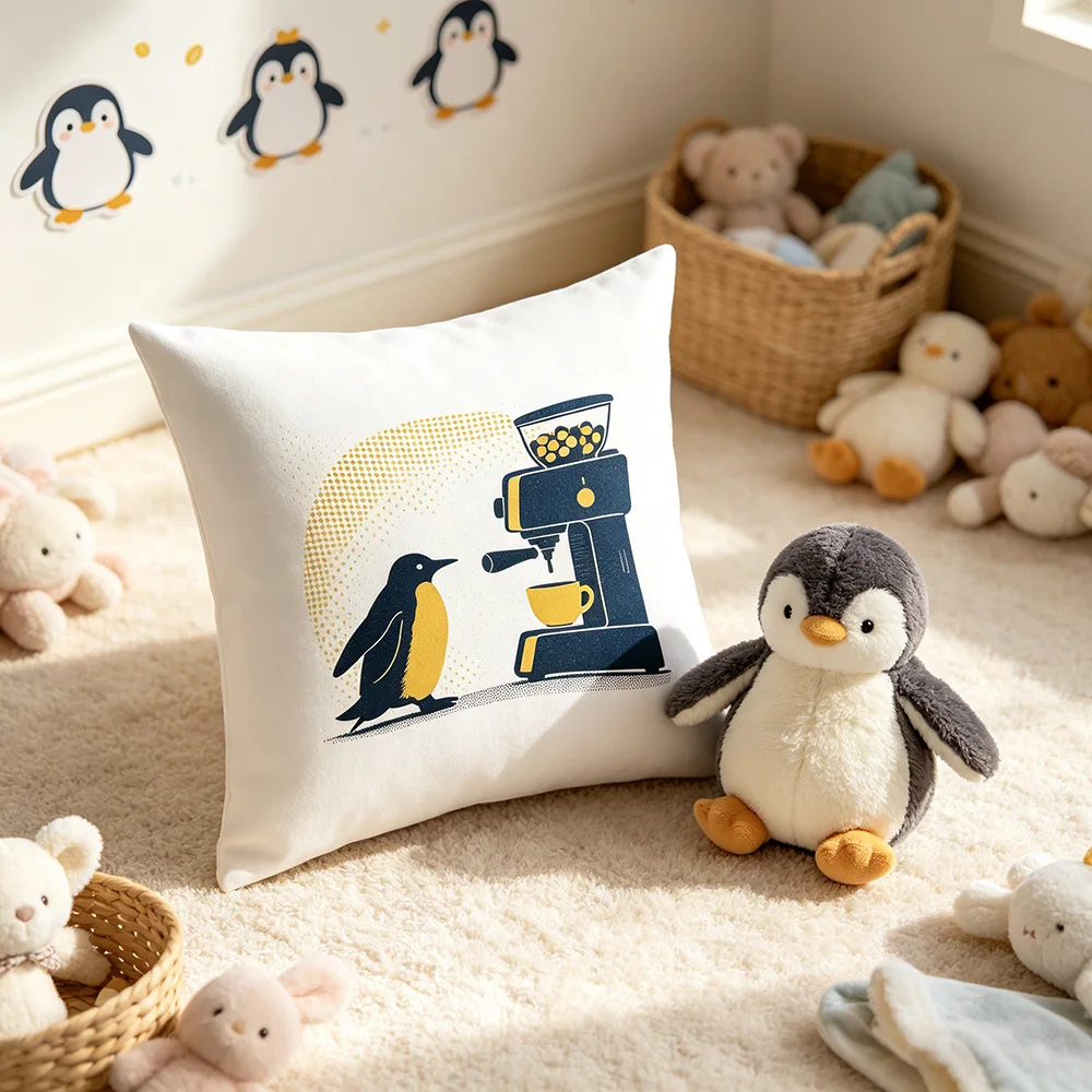 1PC Throw Pillow Cover,Penguin Coffee Machine Print,Cute Cartoon Style,For Sofa Bedroom Couch Home Decor