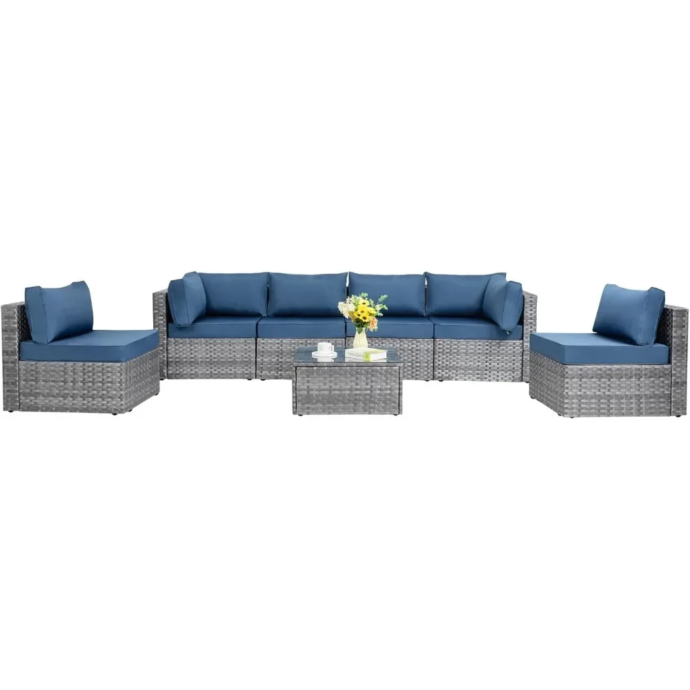 7 Pieces Outdoor Patio Sectional Sofa Couch, Silver Gray PE Wicker Furniture Conversation Set