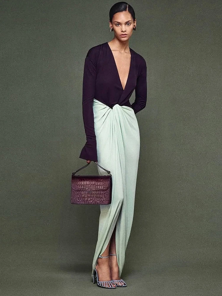 Nibber 패션 명암 컬러 패치 워크 긴 원피스 여자 깊은 V-Neck 플라 슬리브 Ruched Hem Street 우아한 스키니 베스티도