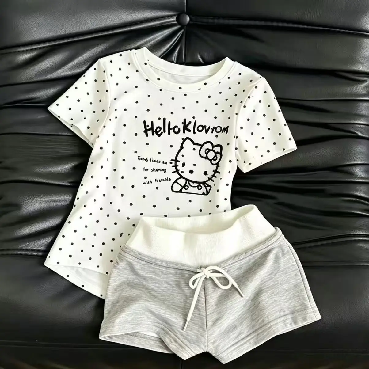 Women Summer 2Pcs Pajama Set Cute Polka Dot Print Short Sleeve T-shirt Drawstring Shorts Kawaii Loungewear Casual Home Sleepwear