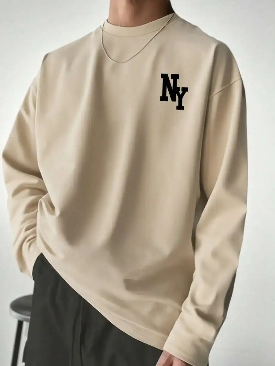 

Men's Beige Crew Neck Long Sleeve Tee with Bold Letter Graphic, Casual Loose Fit
