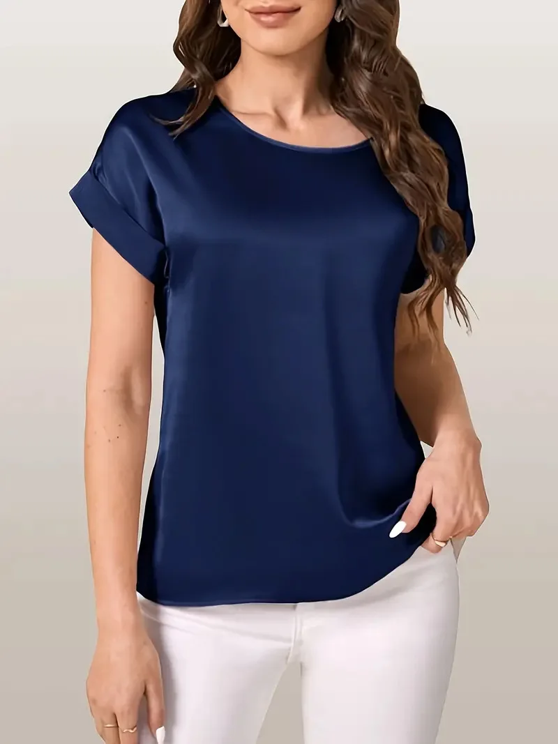 2025 roupas femininas verão novo estilo simples em torno do pescoço cor sólida sensação de luz manga curta solta camiseta