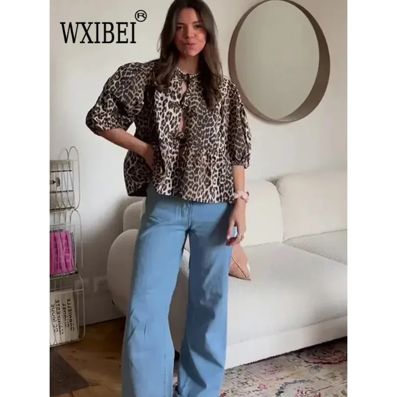 

WXIBEI Leopard Bow Lace Up Women Shirts Blouses 2024 Loose Solid Puff Sleeve Pleat Shirt Top Summer New Lady Streetwear 03A026