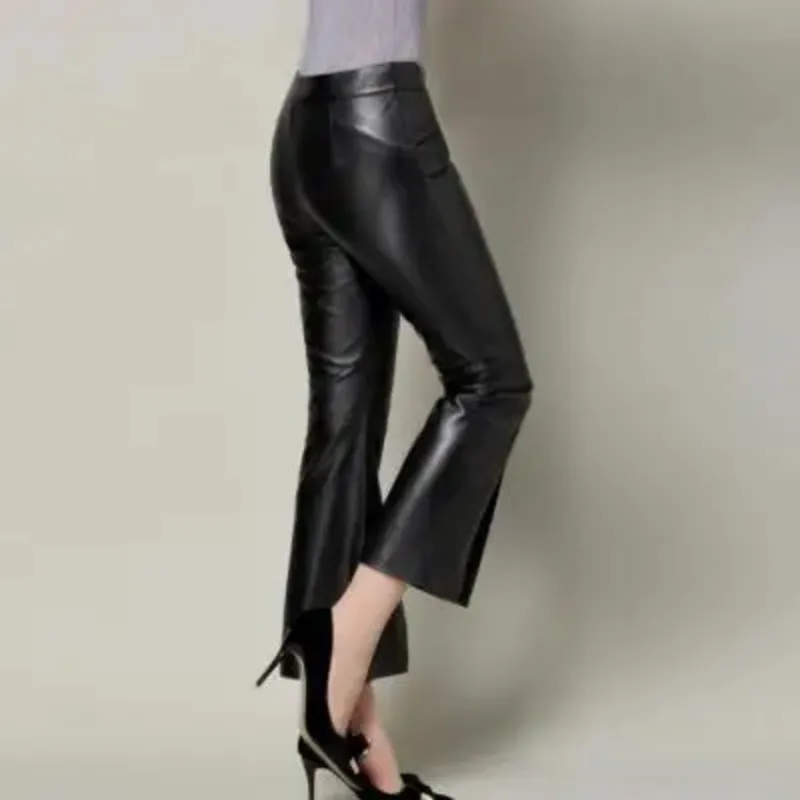 High Quality Women New Fashion High Waist Genuine Real Sheep Leather Pants Streetwear Women Flare Pants Black