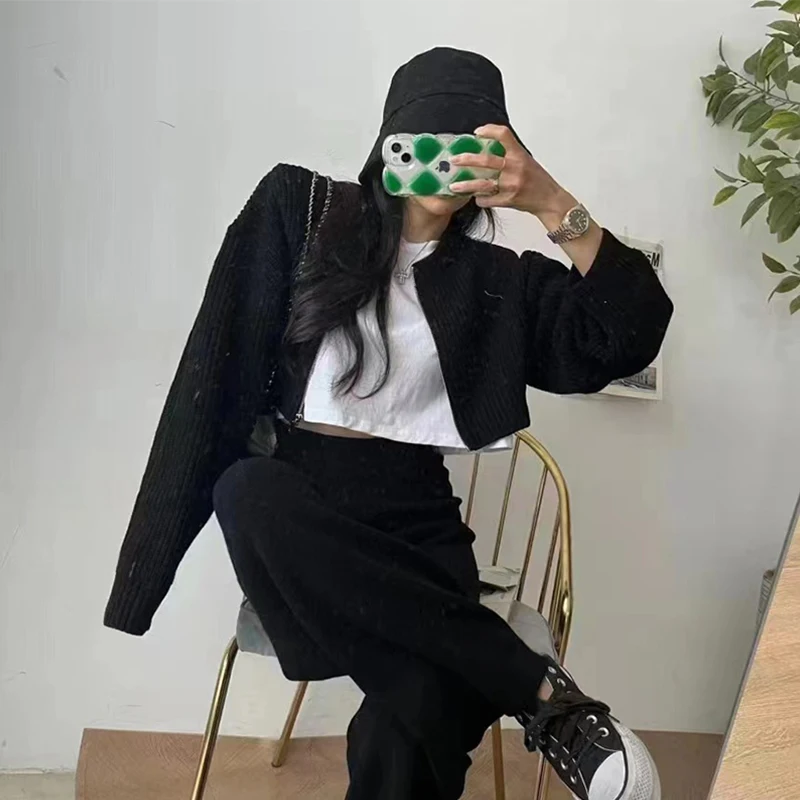 MEXZT Y2k Cropped Knitted Cardigan Women Streetwear Black Oversized Sweater Coat Harajuku Korean Zipper Knitwear Fashion Jumpers