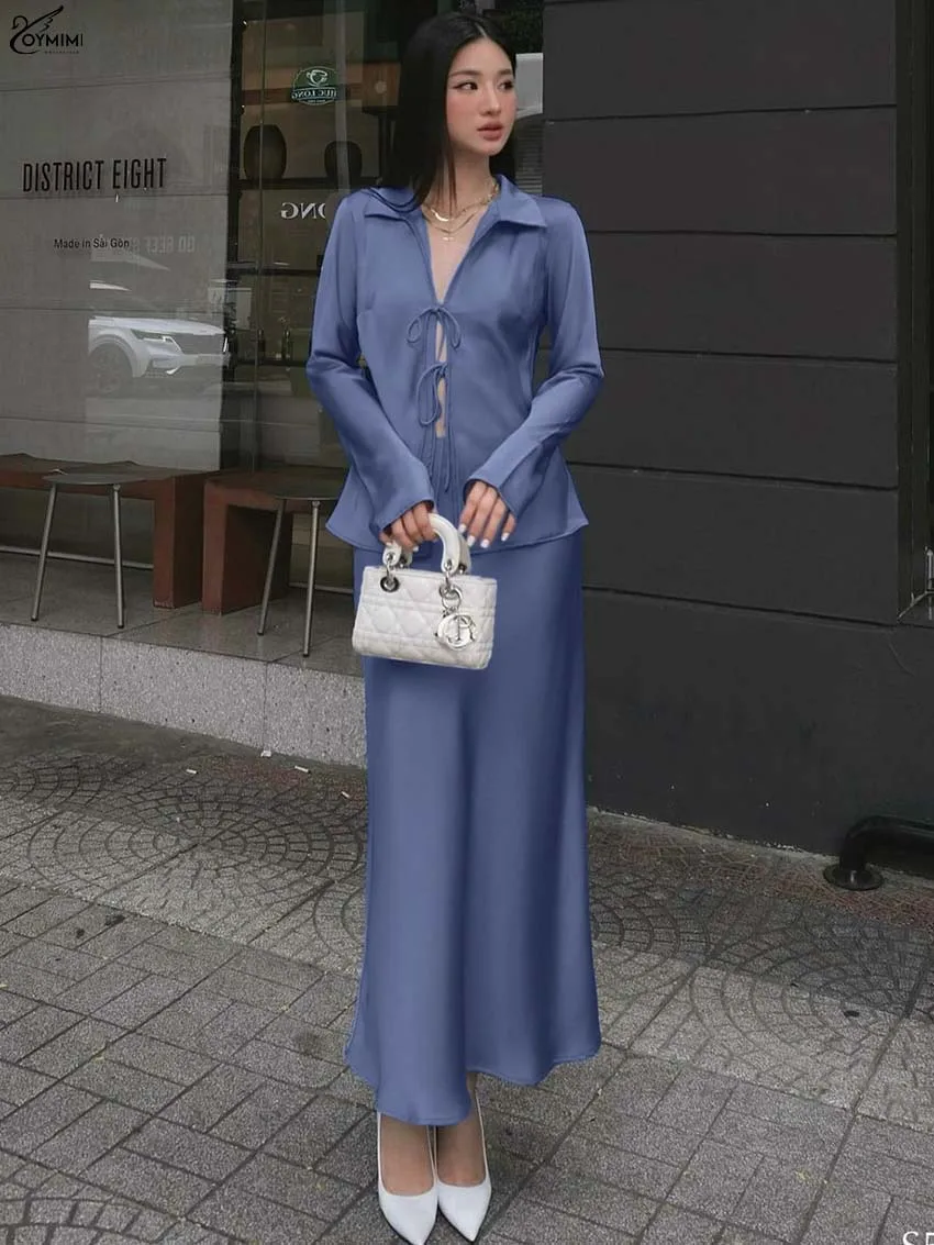 

Oymimi Элегантный синий тонкий комплект из 2 предметов для женщин, повседневные рубашки на шнуровке с длинными рукавами и простые прямые комплекты юбок до щиколотки