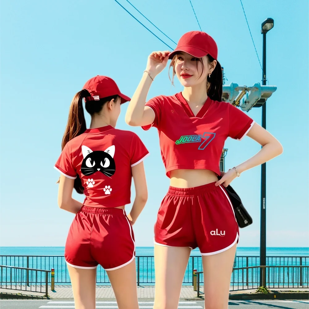 New men's and women's 2-piece cute cat print sportswear V-neck crop top+high waisted shorts casual running yoga exercise sportsw