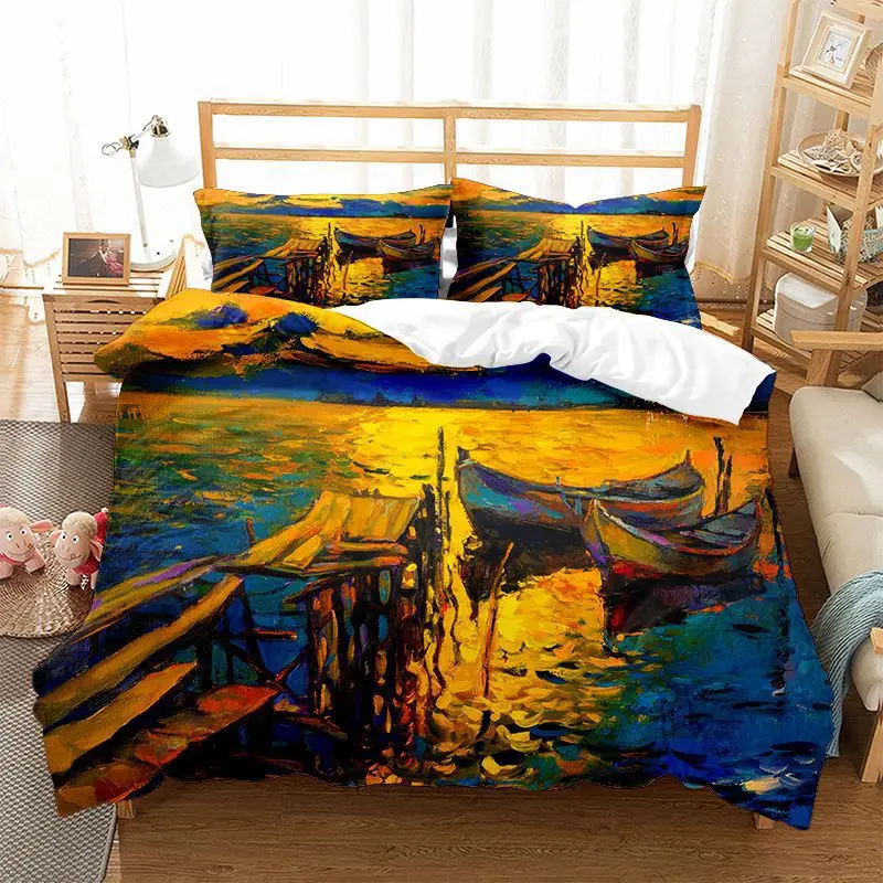 Oil Painting Landscape Duvet Cover King/Queen Size Seaside Sunset Colorful Painted Style Art Print Polyester Comforter Cover