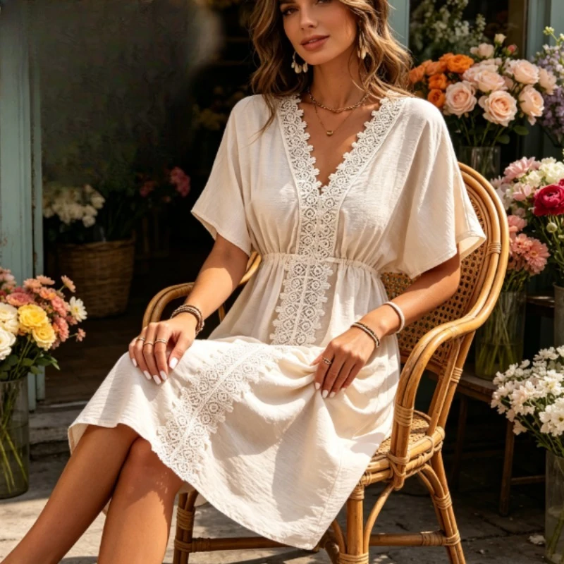 

New Swimsuit Outer Ice Silk Cover Up Lace Patchwork Beach Dress Vacation Sun Protection Women