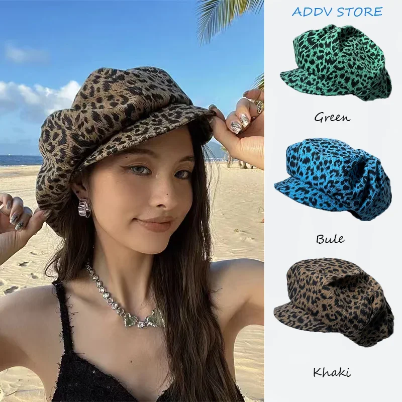 

Stylish Octagonal Hat Japanese Vintage Leopard Print Large Cloud Hat Women's Autumn Niche Painter Newsboy Hat