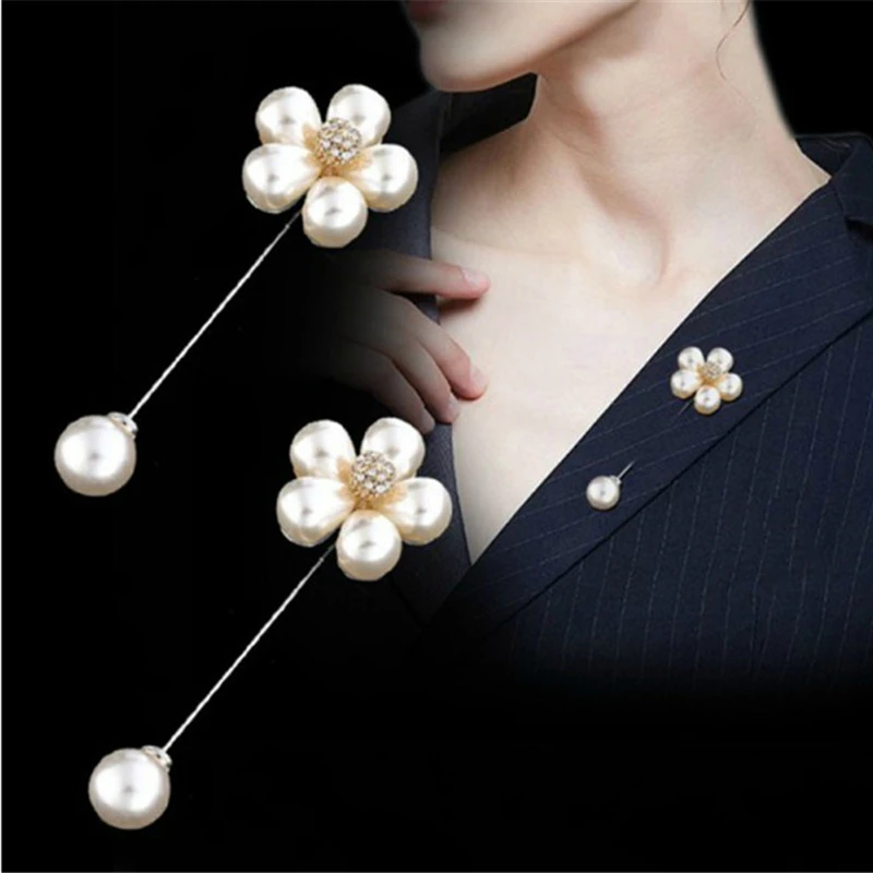 Double Head Imitation Pearl Brooch Pin Simple Gold Color Rhinestone Brooches Fashion Cardigan Clothing Safety Pin Accessories