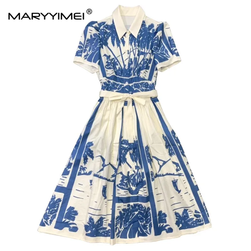 MARYYIMEI Summer Fashion Women's dress Turn-down Collar Short sleeved Coconut print Elastic waist Lace up cotton Dresses