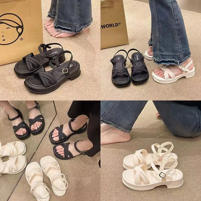 

Romantic Roman Beach Sandals for Women Thi Heel Crossband Casual Sle PVC Material mid Heel Hollow out Side Non-Slip Sole