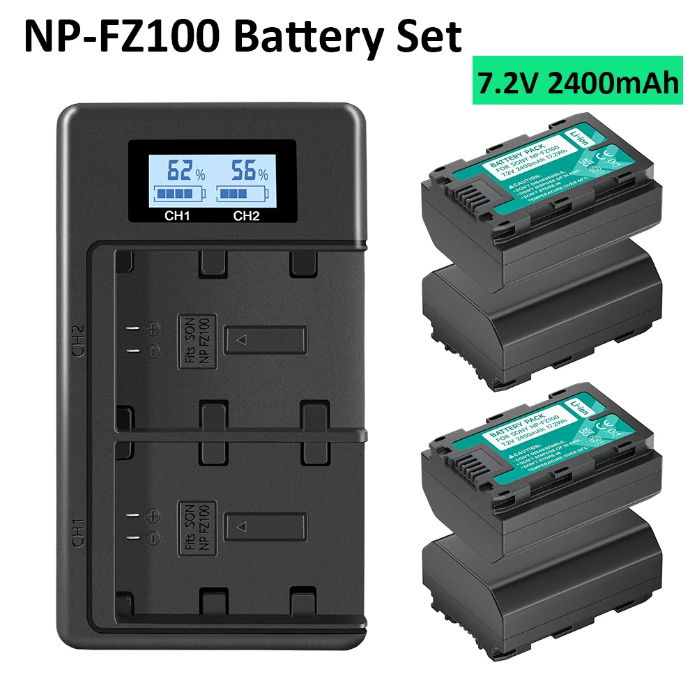 

2400mAh NP-FZ100 NP FZ100 Battery + LCD USB Charger NPFZ100 for Sony Alpha FX30 A9 II A7R III A7R IV/V A7S III A6600 FX3 Cameras
