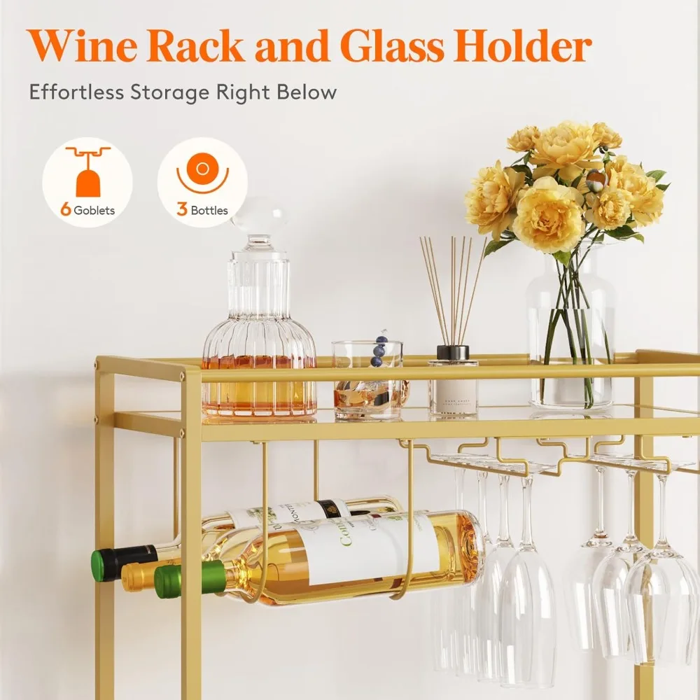 عربة تقديم بار منزلي مع رفين زجاجيين، عربة مشروبات دوارة بعجلات قابلة للقفل، رف زجاجي ونبيذ