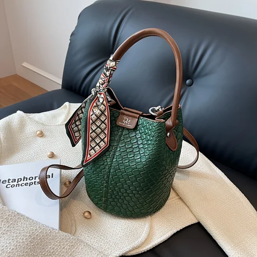 Bolso tipo cubo para mujer a la moda, elegante bolso con efecto tejido de Color sólido, bolso de hombro y bolso cruzado, se puede llevar a mano
