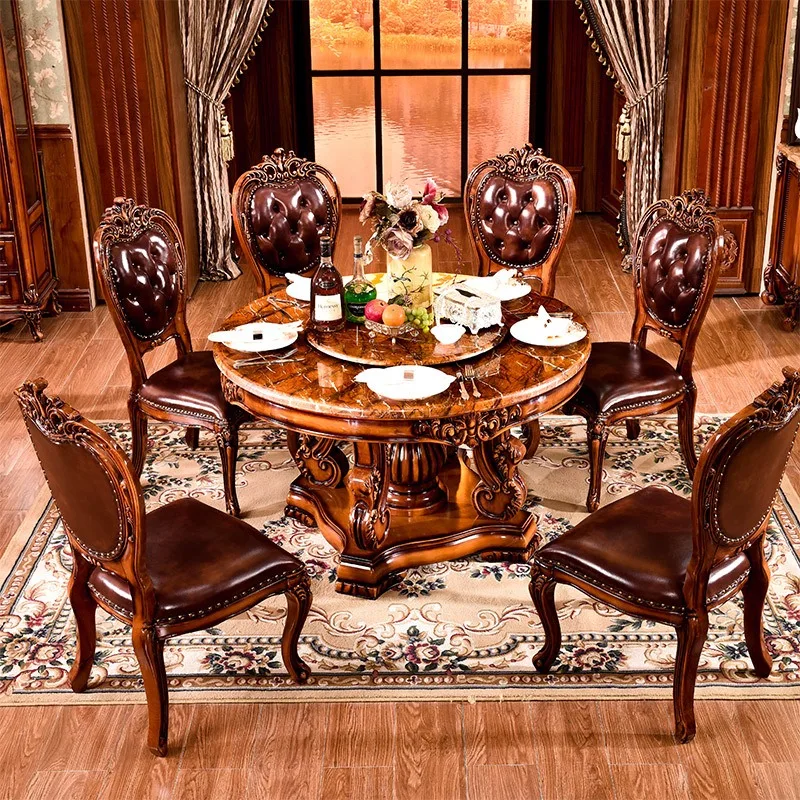European-style solid wood marble dining table and chairs combination round room furniture one table 4 chairs dining table