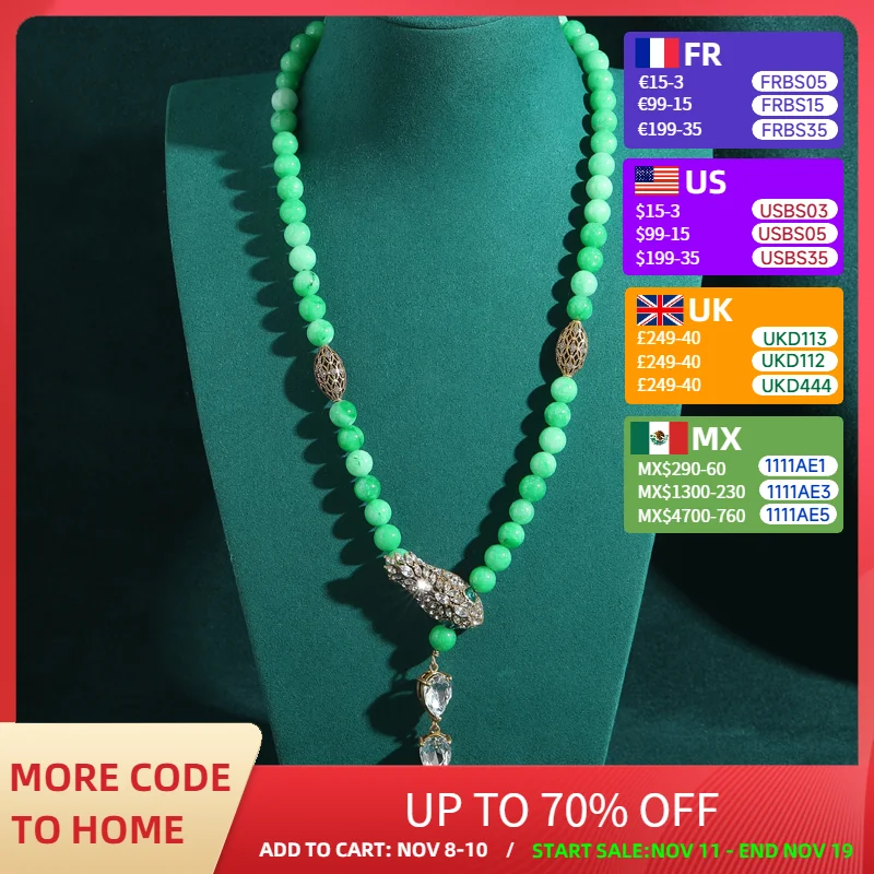 

Vintage Green Glazed Snake Necklace Pendant Water Drop White Crystal Head Bohemian Rhinestones Luxury Jewelry Designers Wedding
