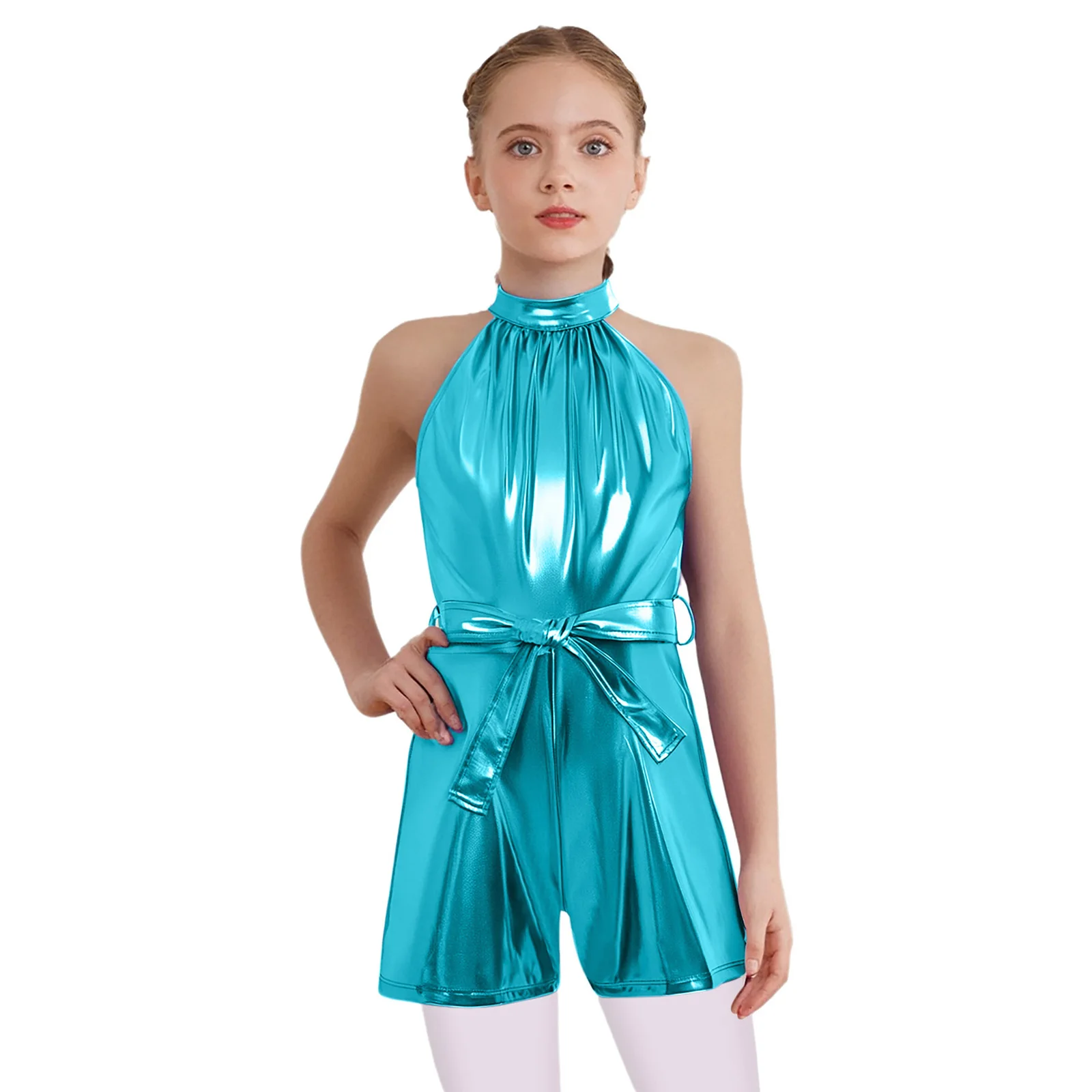 

Kids Girls Halter Sleeveless Jazz Ballroom Dance Metallic Jumpsuits Shiny Rompers with Belt for Birthday Party Photography