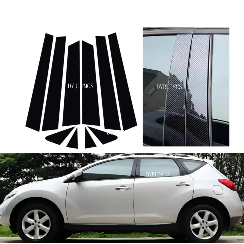 10PCS Glossy Black Pillar Post Fit For Nissan Murano 2003-2005 2006 2008 Door Window Column BC Trim Sticker Cover Silver Carbon